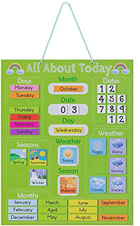 Navaris Kalender Tafel für Kinder - Lerntafel Jahreszeiten Uhr - Magnet Spiel Lernuhr - Kinderkalender Jahreskalender - magnetisch - grün - Englisch