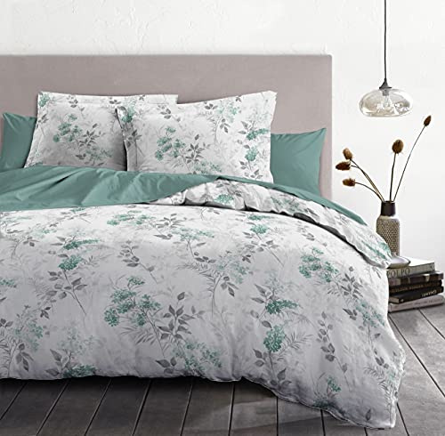 HOME LINGE PASSION – Parure de Drap 240x300 cm – 100% Coton 57 Fils – Drap Plat + 2 Taies – Motif Pompadour Vert