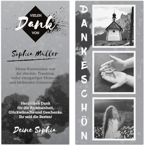 Kartenmachen.de Individuelle Kommunion Dankeskarten Danksagungskarten mit Text und 3 Fotos, ab 10 Stück Menge wählbar DIN Lang 98x210mm - Foto-Streifen