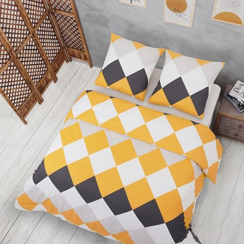 Vency Housse de Couette 220x240 3-Pièces Jaune - Oeko-TEX 80% Coton & 20% Polyester, 1x Housse de Couette avec Fermeture éclair + 2X taies d'oreiller à Fermeture enveloppe de 65x65 cm, Modèle Quattro