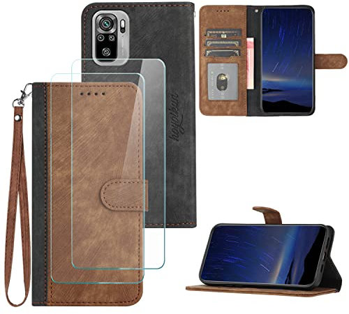 Hoyoikun Funda Compatible con Redmi Note 10/10S 4G,Regalar 2 Piezas Protector de Pantalla.Flip Leather Edition,Funda de Cuero PU con Cáscara de TPU,[Soporte Plegable] [Cierre magnético]-Marrón