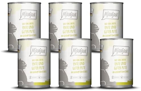 MjAMjAM - Premium Nassfutter für Katzen - DUO von zarter Ente & guter Pute an gedämpftem Kürbis, 6er Pack (6 x 400 g), getreidefrei mit extra viel Fleisch