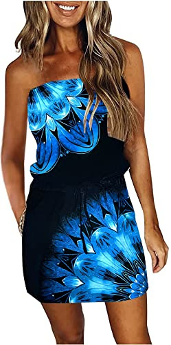 Womens Strapless Off The Shlouder Dress Color Block Stripes Y2K Summer Fashion Backless Sexy Swimsuit Cover Up Beach Mini Sundress with Pockets