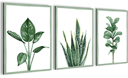 Novart Wandbilder Set Grüne Blätter - KOMPLETT AUFHÄNGFERTIG - Wohnzimmer Schlafzimmer Deko - 3 Moderne Bilder Natur - N024035a