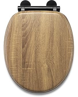 Croydex Ontario Soft Close Wooden Toilet Seat - Quick Release for Easy Cleaning and Adjustable Hinges with Top and Bottom Fixings, Antibacterial Seat Surface and Black Hinges (Teak Effect)