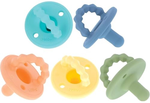 Nuby Softees Baby-Schnuller aus 100% Silikon, 5er-Pack, ab Geburt, Junge | Weiches einteiliges Design in Pastellfarben, strukturierter Beißgriff & zwei Luftlöcher, beruhigt & tröstet Ihr Baby sanft