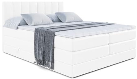 ALTDECOR Boxspringbett mit Matratze und Lattenrost, Topper, Polsterbett mit Bettkasten, Bett mit Stauraum H3- und H4- Matratze, Doppelbett, Springboxbett - OTTA King - 120x200 Weiß Kunstleder