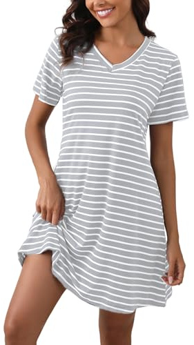 Enjyam Chemises de Nuit Coton Femme Rayure Col V Courtes T Shirt de Nuit Manches Courtes Robe de Nuit Courtes Pyjama Casual Top Confortable Gris *Rayé L