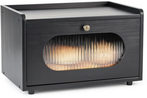 GUUSII HOME Bread Bin Wooden Bread Box for Kitchen Countertop Food Storage Container for Homemade Pantry Front Opening Cupboard 1 Tier Farmhouse Vintage Holder Keep Fresh with Acrylic Window(Black)