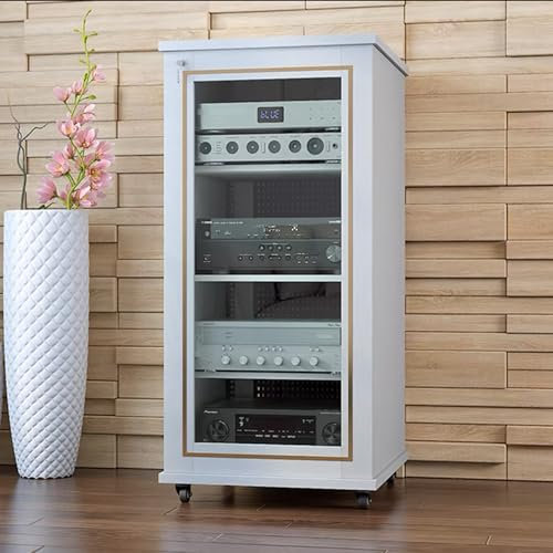 GUAWJRZDP Phonoschrank, Hi Fi Regal Mit Verstellbaren Regalen, Audio Rack Hi Fi Regalaus Holz mit Glastüren, Kabelmanagement, Hi Fi Rack for Videomedienständer(Wit,4-Tier)