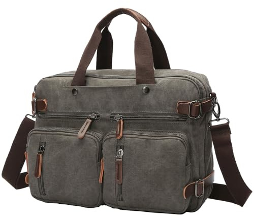 WTiger Canvas Laptop Briefcase Convertible Backpack Messenger Shoulder bag Handbag Multi-functional Travel Rucksack Fits 17.3 Inch Laptop for Men Women