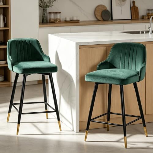 Bekrvio Set med 2 barstolar i sammet, 360° svängbar stol, justerbar höjd till 65 cm, vadderad barstol med ryggstöd, modern köksstol för kök, bänk, bar