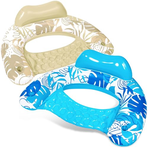 SLOOSH Uppblåsbara poolfötter för vuxna, 2 poolstolar med mugghållare, uppblåsbar simstol, bladdesign för avslappnad sommarvattenglädje, simfest, strand, blå, champagne