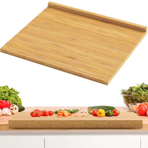 HANQ Tabla de cortar de bambú con borde, 44 x 34 cm, de madera de bambú, para fregadero, tabla de cortar para cocina, con borde de encimera, perfecta para verduras, frutas, carnes, quesos