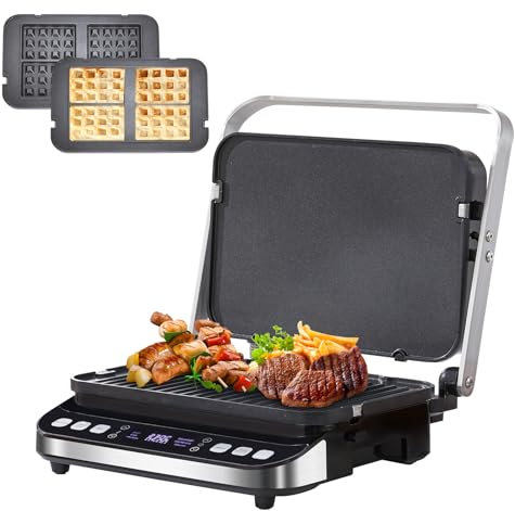 BioloMix Grill Machine Health Grill,3 in 1 Panini Press Waffle Maker with Smart LED Display, 180°Adjustable Design 4 Non Stick Plates (BCG02D-4 non-stick grill plates)