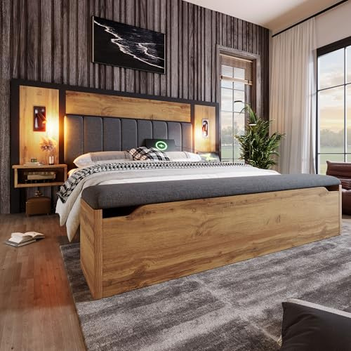 NNJN Doppelbett Polsterbett, Bettanlage mit Leselampe und USB C Nachttisch und Sitzbank mit Stauraum, Bettgestell mit Lattenrost aus Metall, Holz und Leinen, Eiche(Ohne Matratze) (180×200cm)