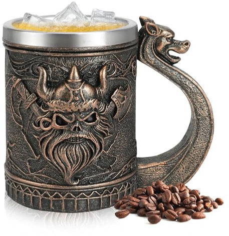 ZZBIQS Nordic Viking Beer Mugs for Men, Horned Warrior with Battle Helmet Gothic Coffee Drinking Cups, Stainless Steel Liner Tumble, Norse Mythology Poetic Decor Father's Day Halloween Party Gift
