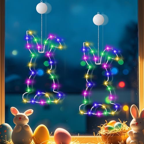 Osterdeko Led Fenster Licht, 2 Stück Osternhase Lichterkette Ostern Led Fensterbeleuchtung mit Timer Lichterkette Osternhase zum Aufhängen Osternhase Lichterkette mit Saugnäpfe für Draußen Innen