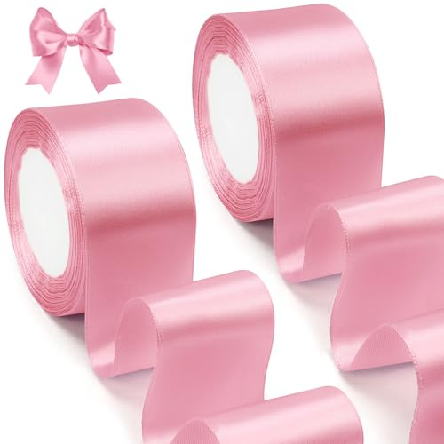 qingmeng 44m Satinband Rosa, 50mm Geschenkband Breit, Schleifenband Rosa, Seidenband Band Hochzeit Stoff, Rosegold Geschenk Band Geschenkbänder für Taufe Geburtstag Deko Geschenkverpackung