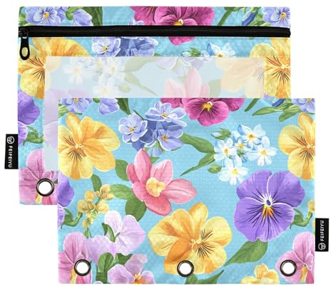 Flowers Orchid Pansy Hyacinths Blue 3 Rings Binder Pencil Pouch Pencil Bag with Zipper Set of 2 Recycled Storage Bag Stationery Accessories