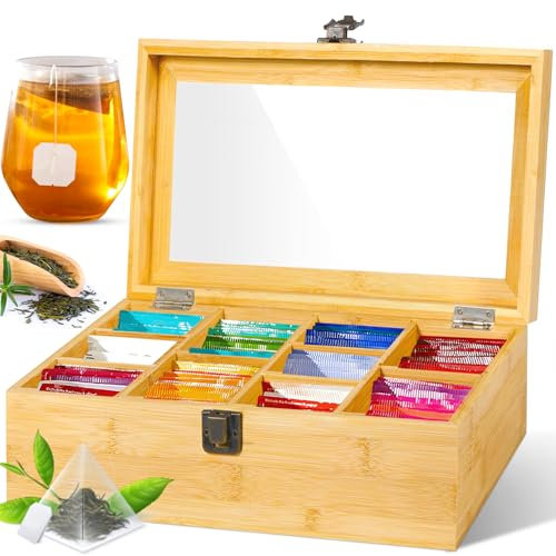 ZQEJEFD Scatola da tè, Scatola Porta tè e Tisane 10 Scomparti 29.5 x 16 x 9 cm, in Legno, con Coperchio in Vetro Acrilico, Porta Tisane Bustine, Ideale per Bustine da Tè, Naturale