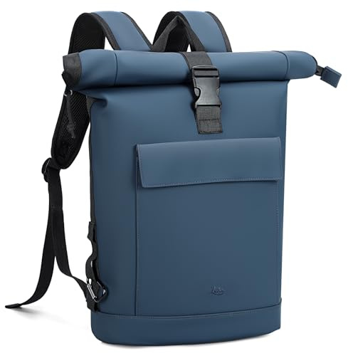 Lekespring Rolltop Rucksack Damen & Herren, Wasserdichter Laptop Rucksack mit 17 Zoll Fach, Stylischer Tagesrucksack für Uni, Arbeit, Reisen und Freizeit, Erweiterbar & Vielseitig (Blau, L)