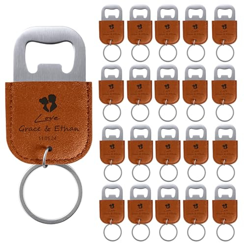 20 Stück Personalisierte Flaschenöffner Schlüsselanhänger mit Gravur - Hochzeitsgeschenke für Gäste aus PU-Leder in Orange | Bieröffner & Brautgeschenke mit Lasergravur