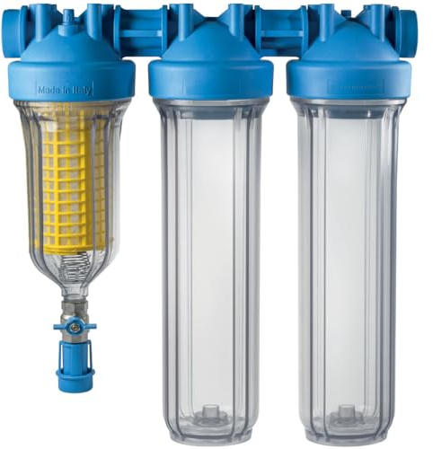 Purway® HYDRA BIG 20 TRIO 1 TS RLH 90 mcr IN Boîtier de filtre pour puits | Boîtier de filtre à eau TRIO avec filtre de rinçage autonettoyant pour un traitement confortable de l'eau potable à la maison