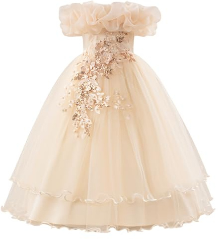 ABEHIK Kinder Mädchen Blumenmädchenkleider Besticktes Hochzeit Brautjungfernkleider Trägerloses Prinzessinnen Kleider Klavier Kostüme Champagne 11 Jahre