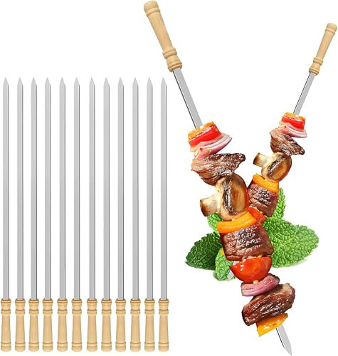 12 Piezas Brochetas Planas para Barbacoa de Acero Inoxidable con Mango de Madera, Pinchos para Barbacoa Reutilizables y Resistentes, Ideal para Parrilla, Pinchitos, Pinchos Morunos y BBQ, 30cm