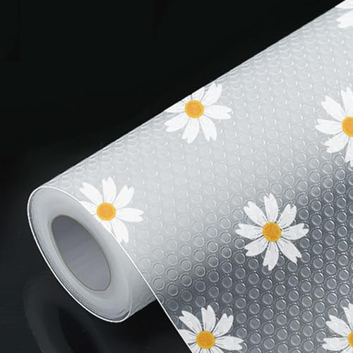 Oridaceae Tapis Fond de Tiroir, Tapis de Tiroir Antidérapant Transparent Imperméable en EVA, Revêtement Protection Étagère Motif Marguerites pour Étagères, Cuisine, Maison, Bureau (45 x 500 cm)