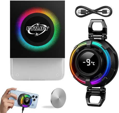 Utilify Enfriador de Móvil Gaming RGB con 2 Modos | Refrigeración Rápida 15W por Semiconductor | Disipador Activo Silencioso y Compacto | Compatible con iPhone y Android | Enfriamiento Inteligente