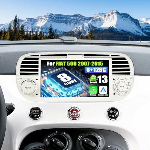 SIXWIN 8 Core 6+128G Android 13 Autoradio con CarPlay/Android Auto/DSP per FIAT 500 2007-2015,7 Pollici HD Navigatore GPS WiFi Bluetooth 5.0 USB FM RDS Radio Mirror Link +32 Bande EQ(Bianco)