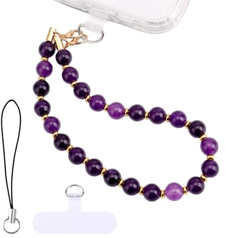 Penitue Dragonne pour Téléphone avec Perles et Pierres Précieuses, Bracelet Détachable avec Cordon et Attache Accessoire pour Téléphone Portable Universel (Violet)