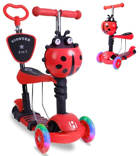 Habib 5-in-1 Kinderroller mit Rückenlehne für Jungen und Mädchen - Abnehmbarer Sitz, LED-Räder, Höheverstellbarer Lenker, Tretroller - Kinder Roller Outdoor Spiel, für 2-8 Jahre Kinder (Rot)