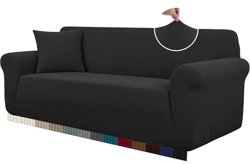 HEYOMART High Stretch Sofa Covers, Jacquard Spandex Couch Cover, 3 Seater | Non-Slip Universal Furniture Protector for Living Room, Washable Sofa Slipcover for Dog, Cat with Elastic Bottom, Black