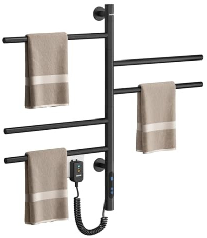 Toallero Electrico Baño Giratorio 180° Radiador Toallero Eléctrico Pared Toallero Calentado con Inteligente Termostato Temporizador Resistente Agua IPX4 Temperatura Ajustable de 45 a 70° (Negro)