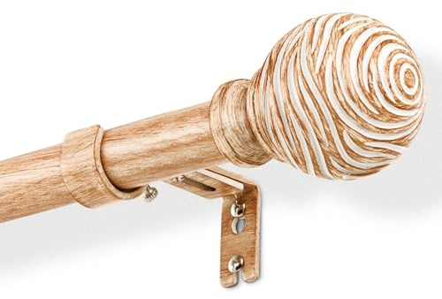 DEFYNEE Gardinenstange in Holzoptik, ausziehbar, 76–381 cm – 25 mm, Metallkern mit Holzmaserung, Wasserwellen, ausziehbare Stange für Fenster/Türen, Braun