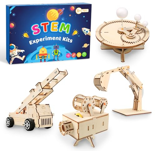 JTgugu Lot de 4 pièces d'expériences pour enfants - Kit de construction électronique STEM DIY - Jouet scientifique en bois - Puzzle 3D - Boîte d'expérimentation - Cadeau pour garçons, filles