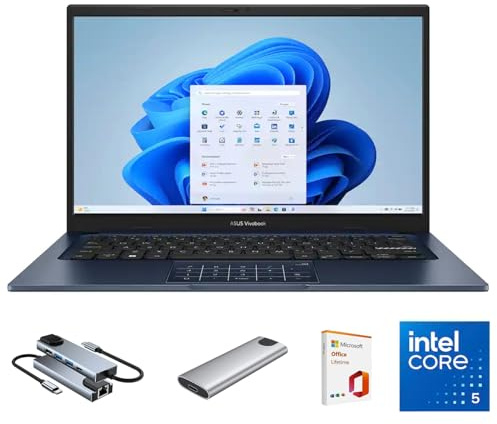 ASUS Vivobook 14 FHD Laptop for Student Business Home School, Intel Core 5 120U, 8GB RAM 256GB SSD, Numeric Keypad, w/Mytrix 6-in-1 Hub, MS Office 21 Lifetime, 128GB External SSD, Windows 11 Pro