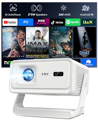 Xgody Proyector de cine en casa A1, compatible con proyector 4K 1080P con WiFi 6 y Bluetooth 5.4, enfoque automático y corrección trapezoidal automática, rotación de 180°, compatible con HDMI/portátil
