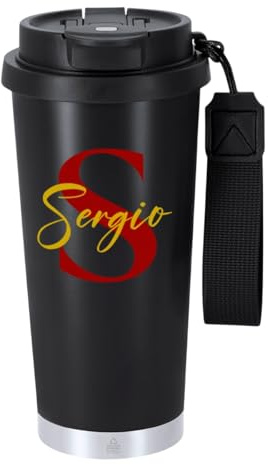 DEREGALOOS Vaso Térmico Personalizado con Inicial y Nombre. Bidón Reutilizable de Acero Inoxidable Reciclado. Tapa Hermética con Pajita Integrada. Cinta de Transporte. 500 ml (Negro - NOM002)