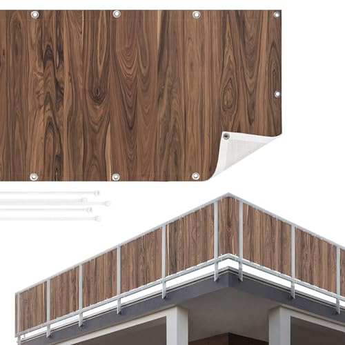 Balkon Sichtschutz Holzoptik 75 x 100 cm inkl. Kabelbinder Wetterfest Blickschutz Balkonverkleidung Balkonbespannung Sonnenschutz Balkongeländer Windschutz Terrasse Garten Deko Ideen Braun TEXBS_1240