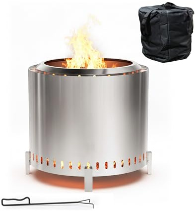 Relaxdays Feuerschale ohne Rauch, Edelstahl, HxD 45 x 49 cm, Standfuß & Aschebehälter, rauchfreie Feuerstelle, Silber