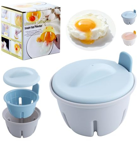 Egg Poacher Microwave Egg Cooker, 3 IN 1 Drain Poached Egg Cups with Lid and Removable Tray, Dishwasher Safe Egg Boiler Poacher Maker for Perfect Eggs, Easy to Use Kitchen Cooking Gadgets (Blue)