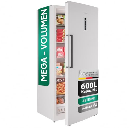 Heinrich´s Congélateur XXL de 600 l, protection anti-gel, 1 tiroir de congélation, 5 étagères en verre, écran LED, charnière de porte interchangeable, fonction alarme, température : -18 °C