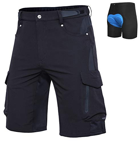 Ally Mens Mountain Bike Shorts 4D Padded Lightweight Quick Dry Stretch Loose-fit with 6 Pockets for Cycling Biking Bicycle Riding Biker (Black, Large)