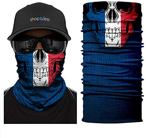 ShopINess Cache-Cou Moto Multifonction Tête de Mort et drapeau– Tour de Cou Sport Homme Femme, Foulard Bandana Masque Crâne pour Moto, Ski, Randonnée, Halloween - Crâne/tête de Mort (France)