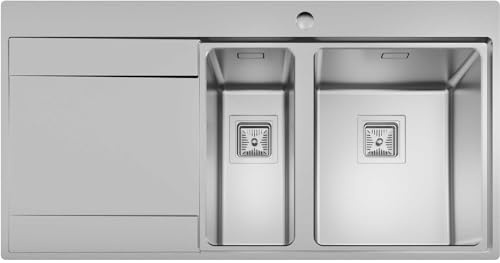 SÄUBER® 1000 x 520mm Stainless Steel Kitchen Sink One and Half 1.5 Bowl Inset Drop in Installation, Reversible Drainer, 18/8 Grade Steel Sinks, Free Basket Strainer Waste