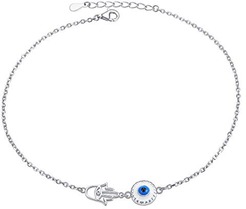 S925 Sterling Silver Evil Eye Hamsa Hand/Butterfly/Cross/Celtic Knot/Infinity/Heart Anklets for Women Girls, Adjustable 9 10 11 Inches Foot Chain Jewelry